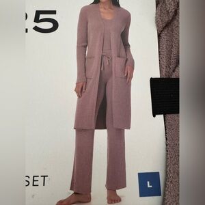 525 America Mauve Knit Wide Leg Pants & Cardigan 3 pcs Lounge Set size L new